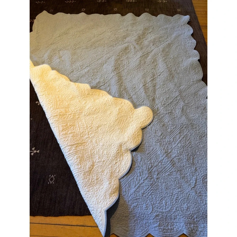 Pine Cone Hill Blue White Reversible Cotton Quilt Scalloped Scallop Coverlet